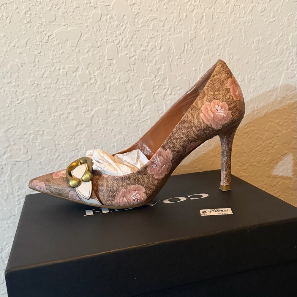 Coach Brown Floral Pointed Toe Pump with Pink Flowers and Gold Buckle